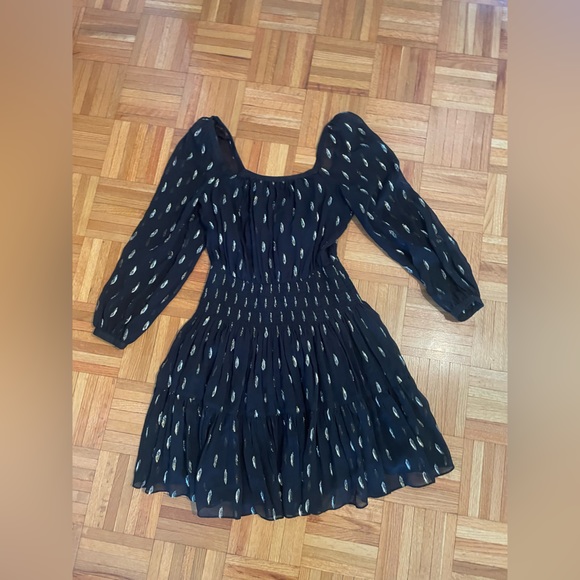 Rebecca Taylor Black Long Sleeve Dress w/ Metallic Gold Details & Smocked Waist - Picture 5 of 7